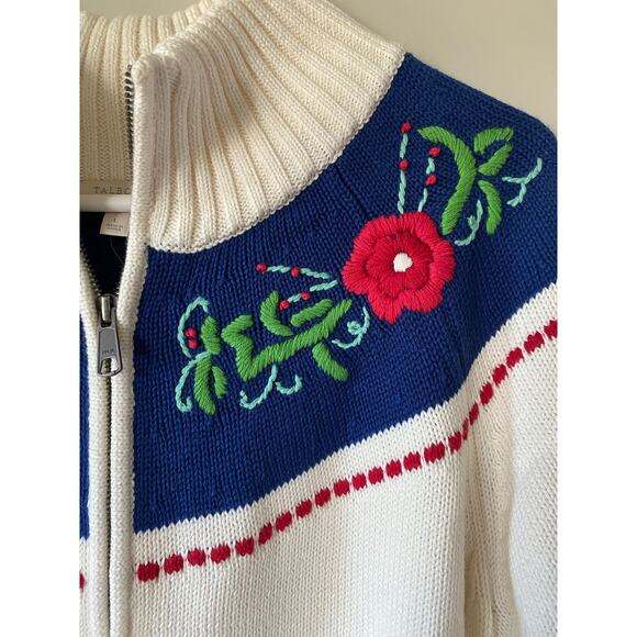 NWT Talbots Nordic Floral Embroidered 100% Cotton Mock Neck Zip Cardigan- Size L - Picture 2 of 6